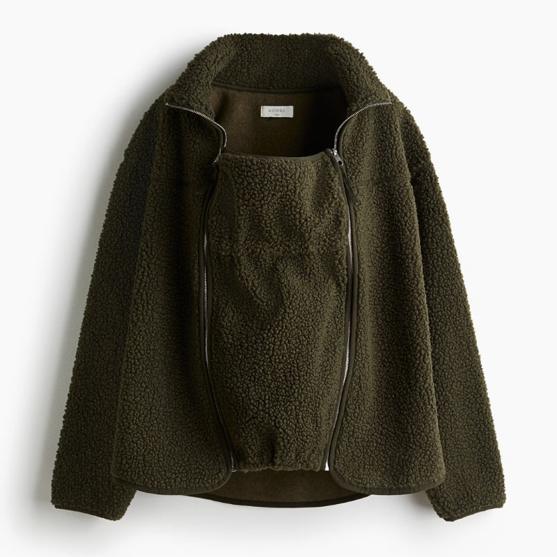 Versatile women's adaptive jacket with removable insert for maternity & babywearing, cozy and plush.
