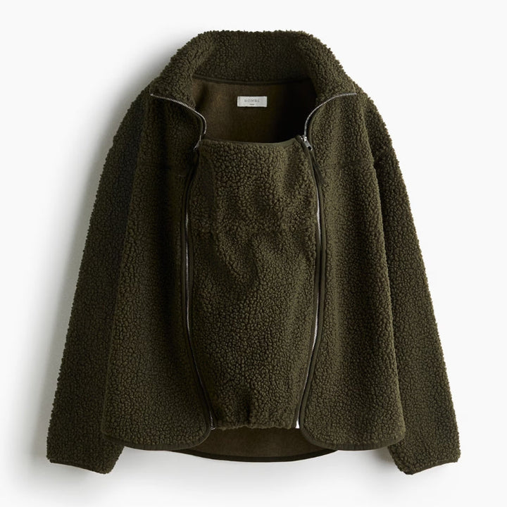Versatile women's adaptive jacket with removable insert for maternity & babywearing, cozy and plush.