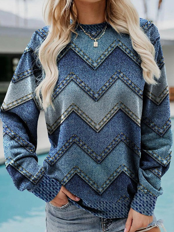 Women's Adelisse modern blue geometric round neck long sleeve sweater, perfect for stylish casual chic outfits.