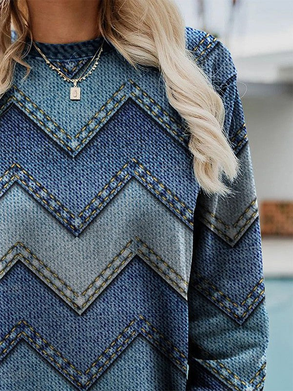 Comfortable women's Adelisse geometric blue sweater with a round neck, a modern long sleeve top for everyday style.