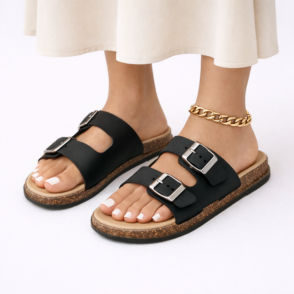 Comfortable women's flat sandals featuring adjustable double straps for walking and all-day support.