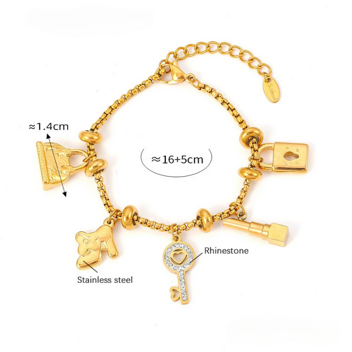 Chic women's adjustable gold & silver charm bracelet, rhinestone accents. Elegant jewelry gift.