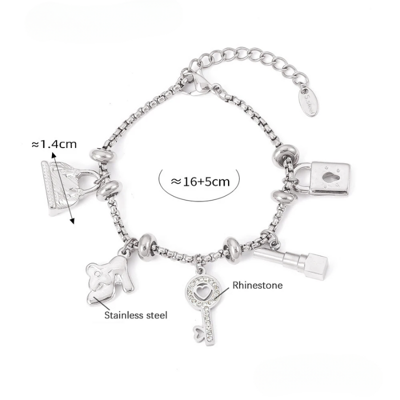 Fashionable women's wrist charm bracelet, adjustable gold & silver design, shimmering rhinestones.