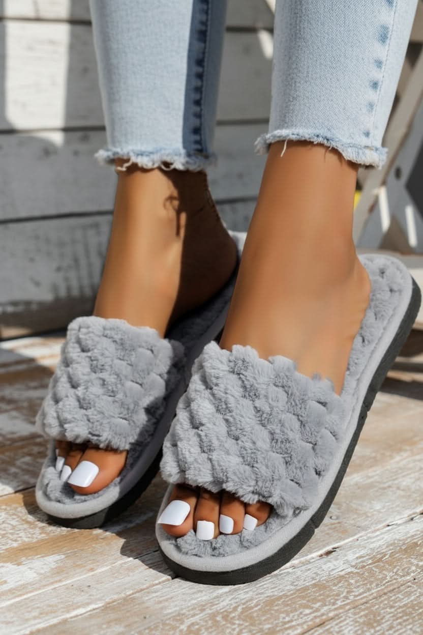 Women's adjustable open toe comfort slippers, perfect for cozy indoor house wear. Slip-on design.