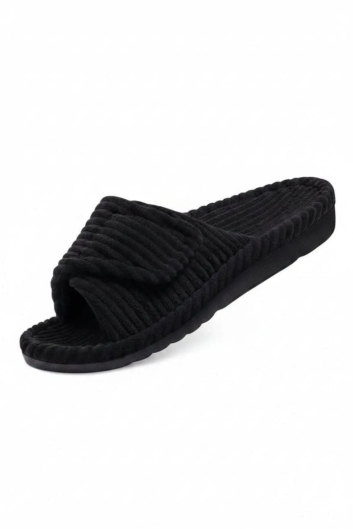 Durable anti-slip sole on women's adjustable open toe house slippers, ensuring safety & comfort.