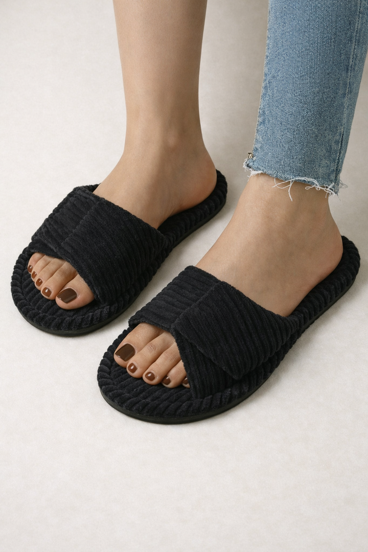 Black women's adjustable open toe comfort slippers, versatile cozy footwear for indoor use.