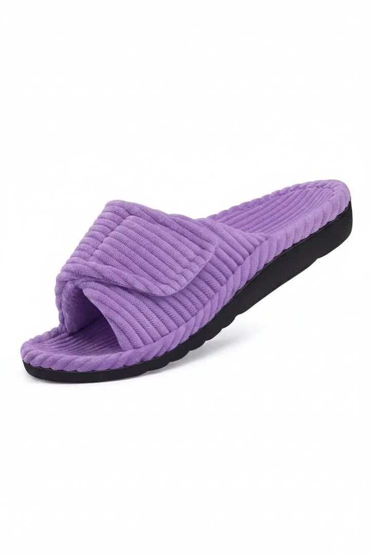 Stylish women's adjustable open toe comfort slippers, essential cozy footwear for home relaxation.