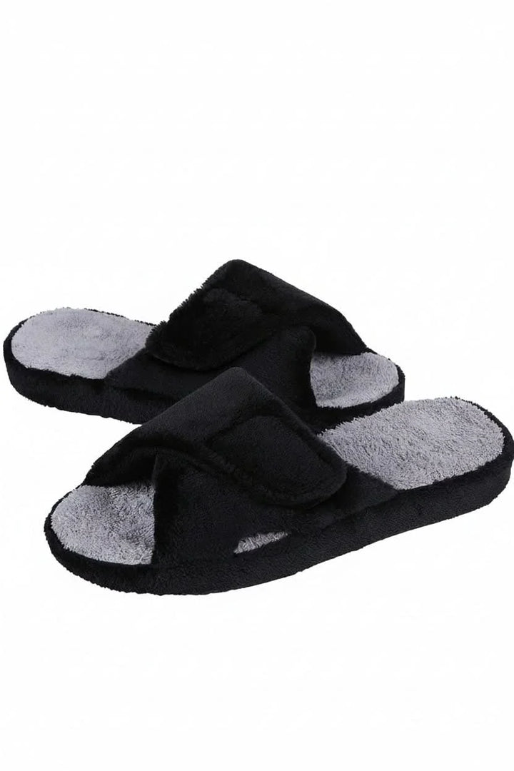 Plush women's adjustable open toe slippers, designed for optimal indoor comfort and support.