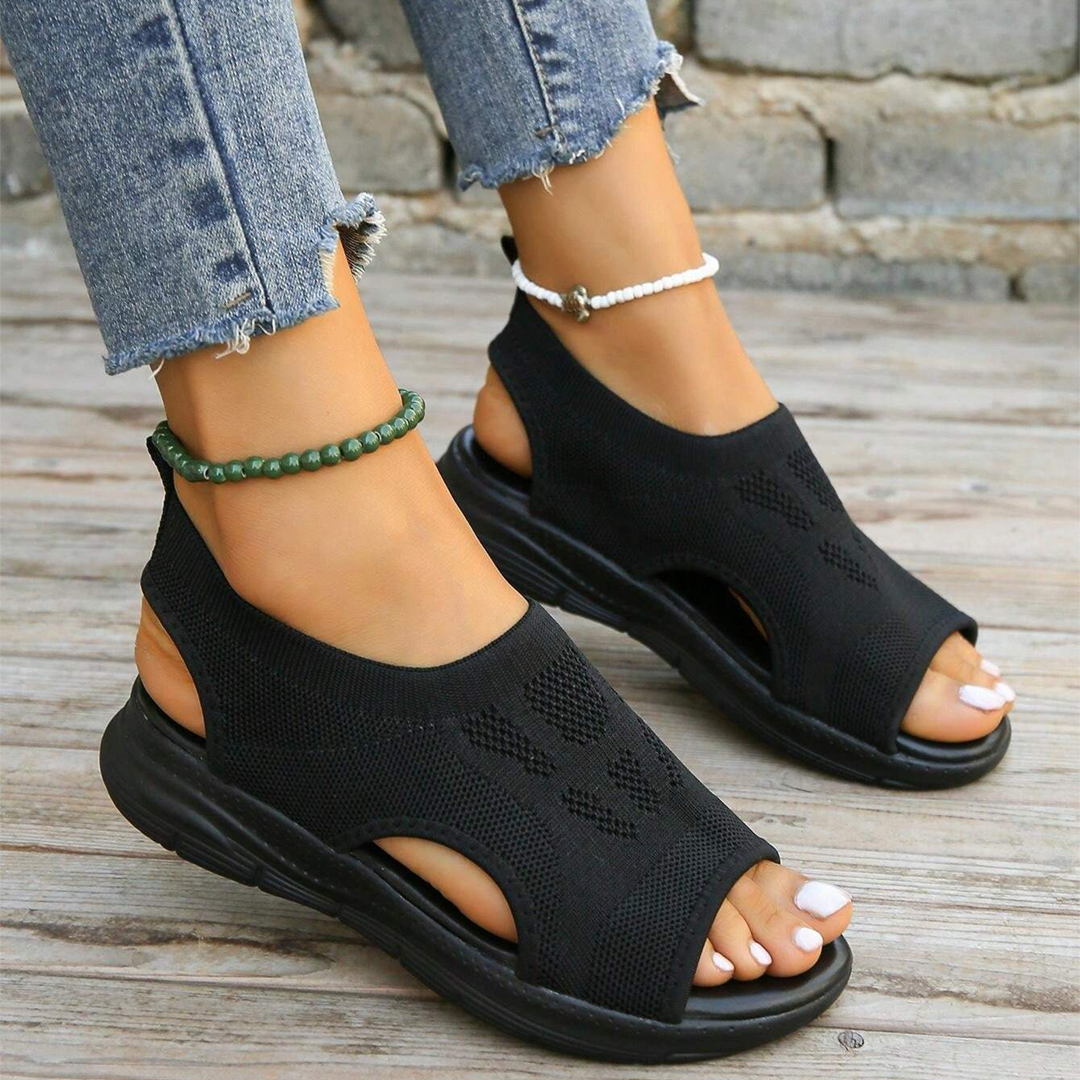 Close-up of adjustable strap on women's orthopedic walking sandals for a custom, secure fit.
