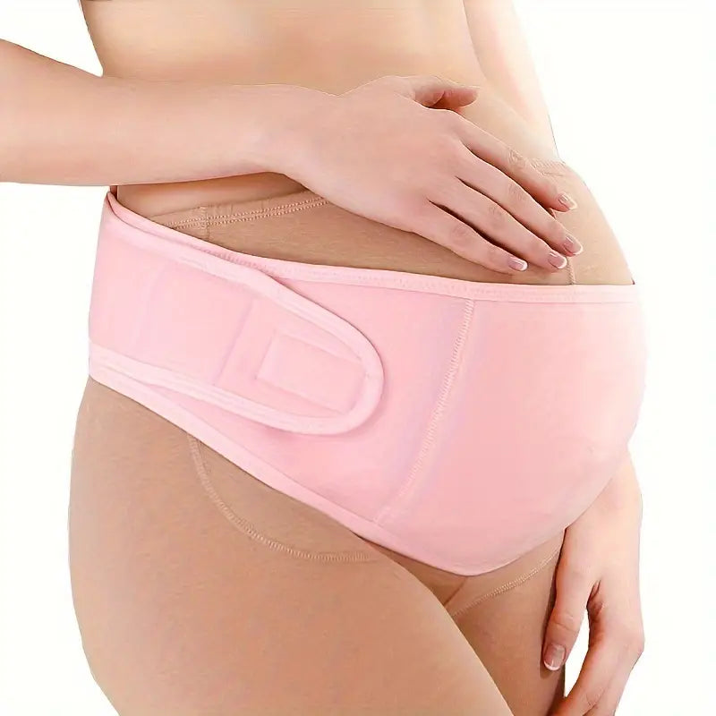 Women's adjustable pregnancy belly support band for comfortable maternity back support & pain relief. Beige color.