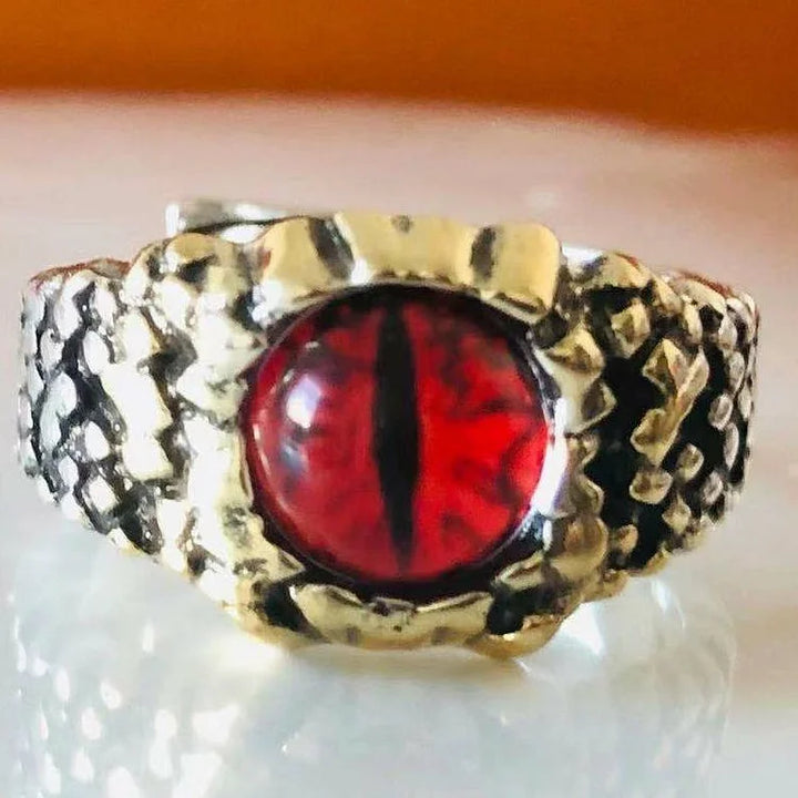 Bold women's punk gothic snake ring, intricately designed with a central demon eye, adjustable for comfort.