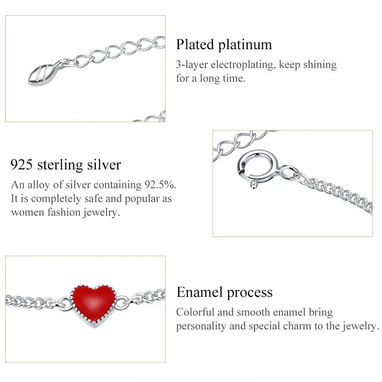 Dainty women's adjustable sterling silver charm bracelet showcasing a charming red heart. Elegant & comfortable.