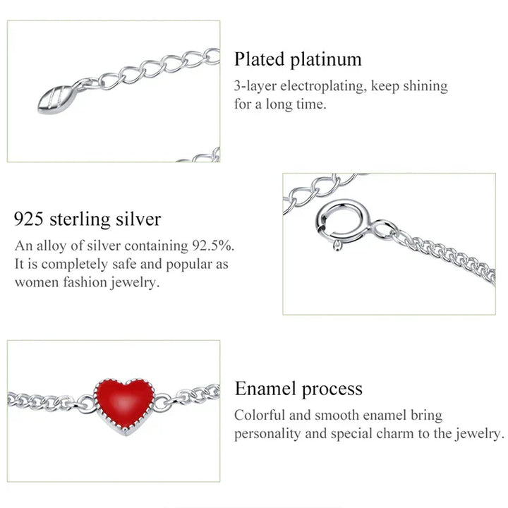 Dainty women's adjustable sterling silver charm bracelet showcasing a charming red heart. Elegant & comfortable.