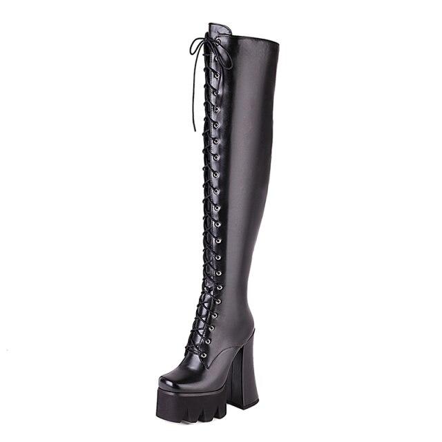 Adora women's knee-high platform boots. Edgy, bold style with a comfortable, waterproof high heel for any occasion.