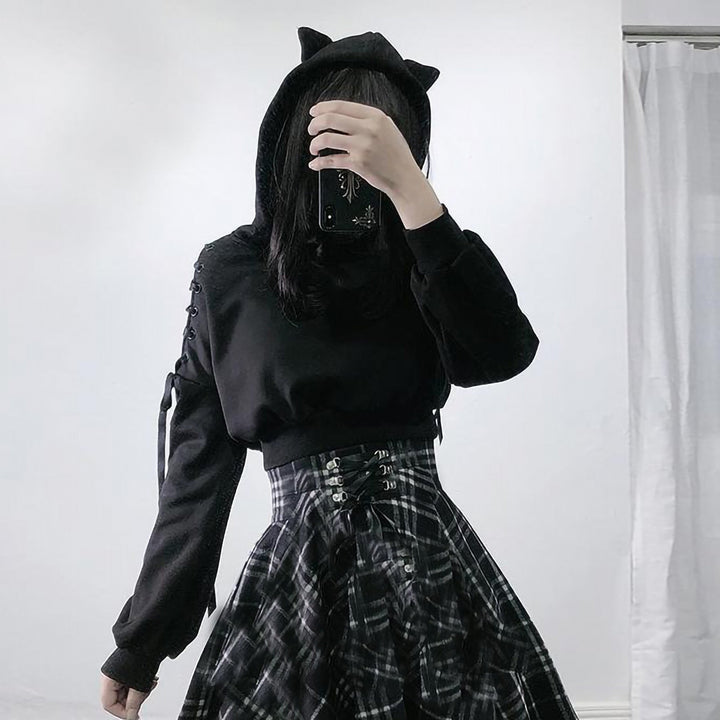 Playful women's cat ear hoodie, a cozy long sleeve top. Perfect for unique casual wear & cute streetwear style.