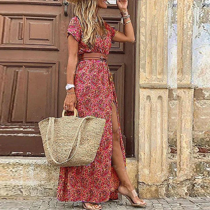 Elegant women's long boho dress, lightweight & flowy, with a matching belt for a flattering silhouette.