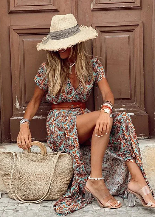 Stylish women's summer boho maxi dress with an airy design and a matching belt, great for everyday fashion.