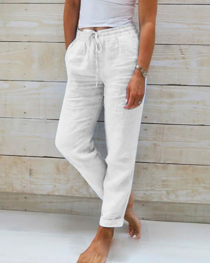 Front view of women's casual summer trousers, showcasing the comfy elastic waist and breezy, loose fit.