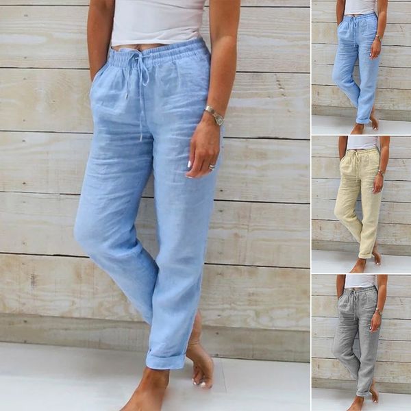 Back view of women's relaxed summer pants, with an elastic waist for comfort and a loose, airy fit.