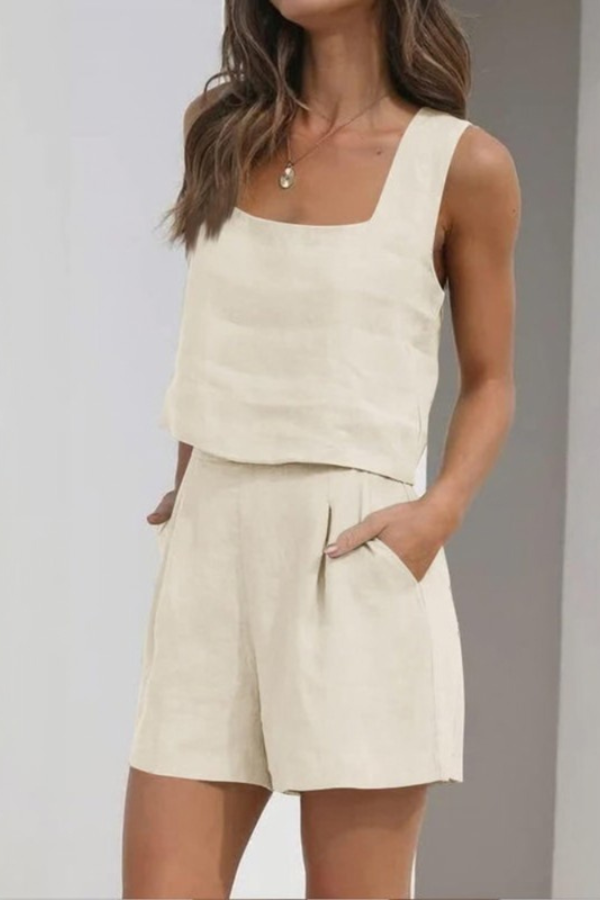 Stylish women's sleeveless top and casual shorts set, ideal for summer outfits, vacation, or resort wear.