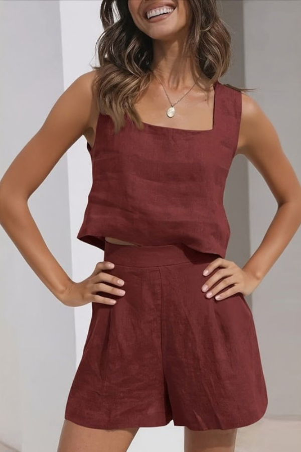 Comfortable women's two-piece shorts set for summer, featuring a soft sleeveless top and relaxed casual shorts.