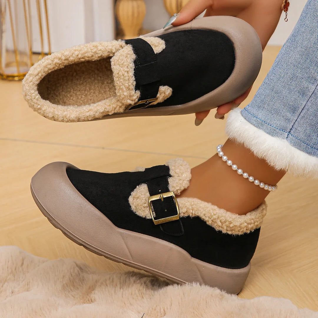 Red Cherry Alira clogs. Women's comfortable slip-on shoes, cozy with a buckle, for versatile daily wear.