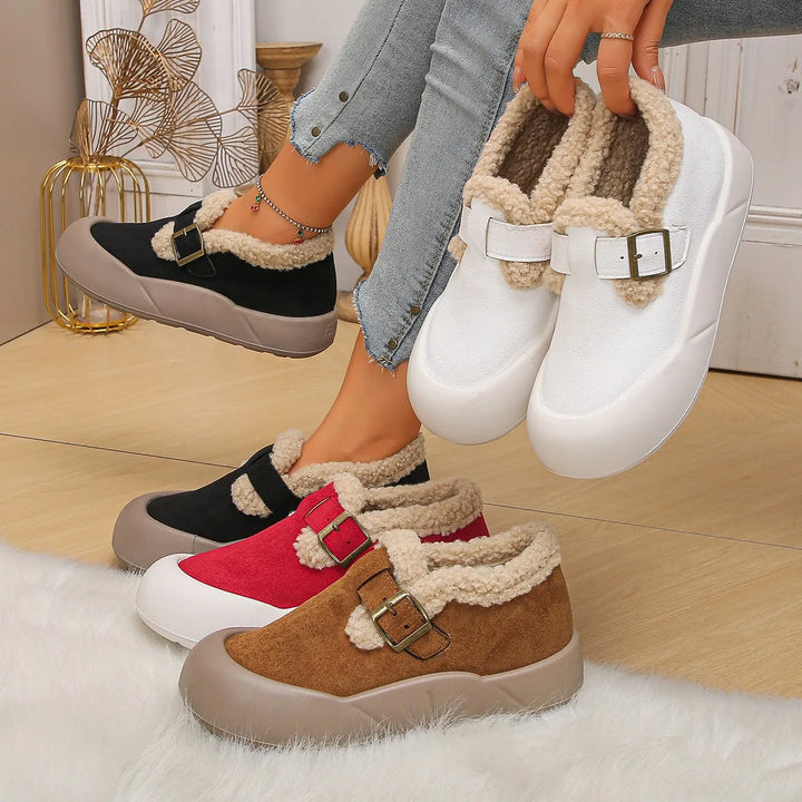 Brown Walnut Alira buckle clogs. Cozy, comfortable women's slip-on shoes with stylish buckle detail.