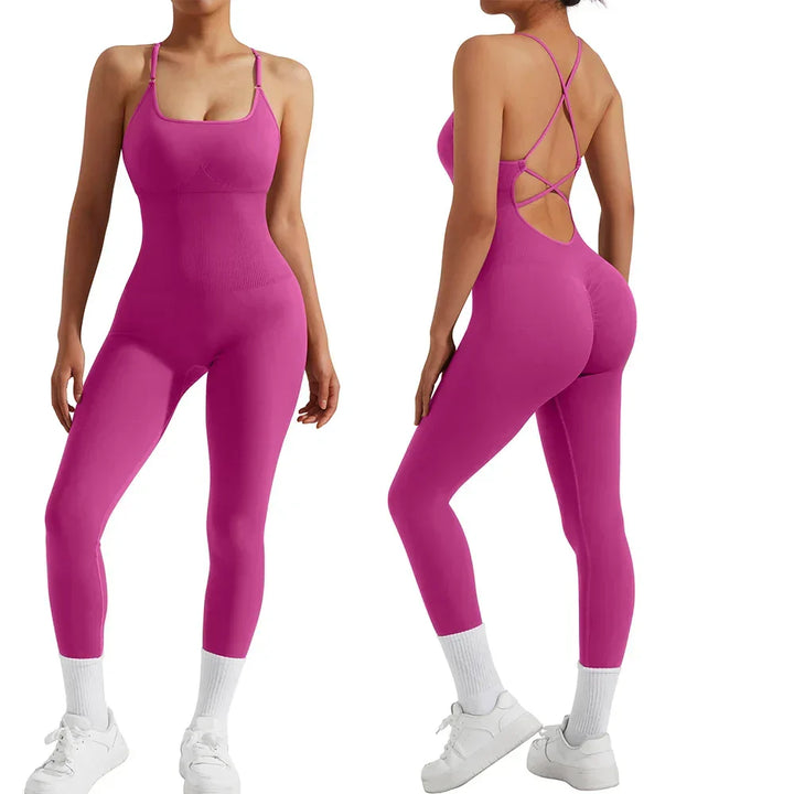 Woman wearing Nova fitness jumpsuit casually. Stylish women's all-season activewear for everyday comfort.
