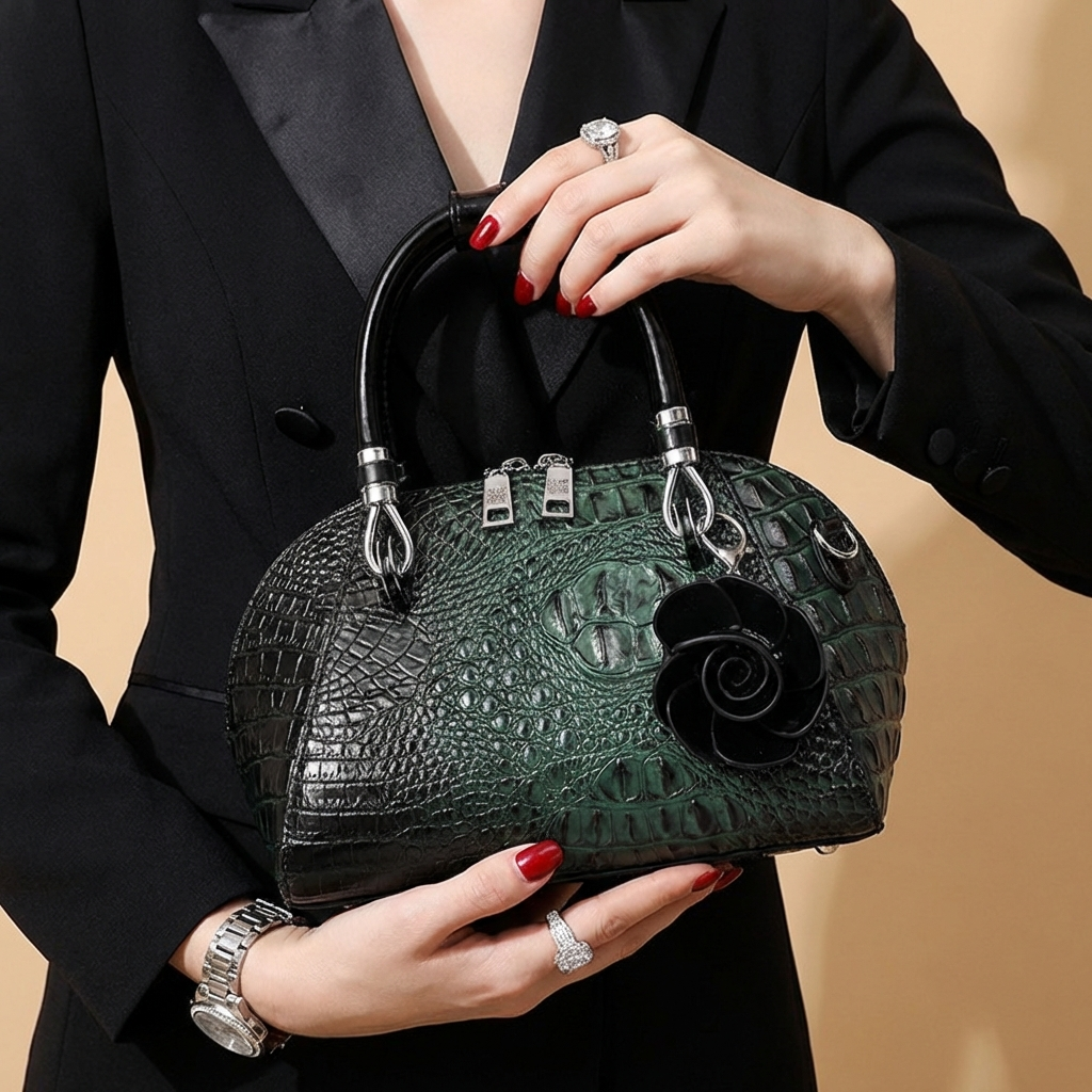 Chic women's alligator-texture shoulder bag, faux leather statement accessory for luxe fashion.