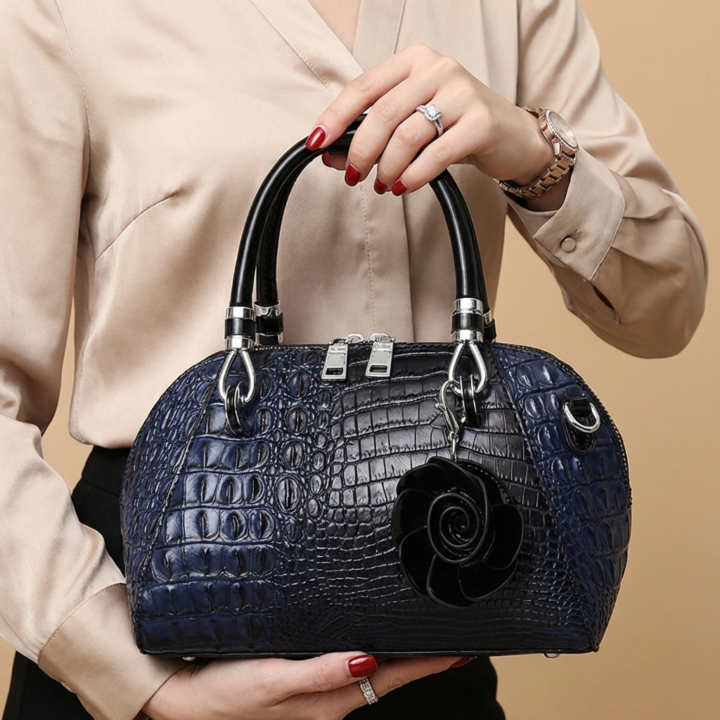 Stylish women's faux leather handbag featuring bold alligator texture, a statement shoulder bag.