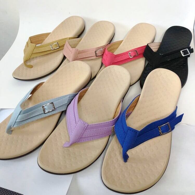Side view of women's orthopedic sandal, showcasing arch support, open-toe design & comfort.