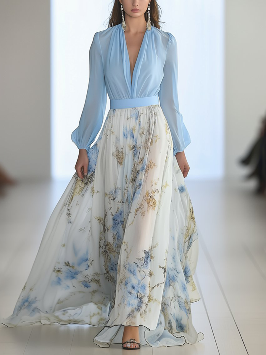 Women's Amara floral print maxi dress with flowing fabric & stylish V-neck, perfect for summer or vacation.