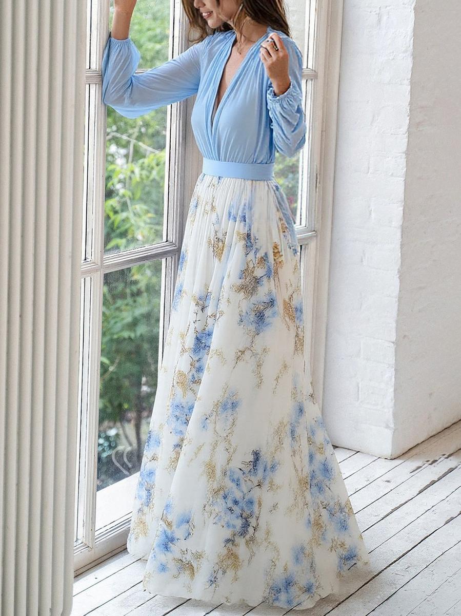 Elegant women's flowing floral maxi dress, V-neck, ideal for casual summer wear, beach vacations, or boho fashion.