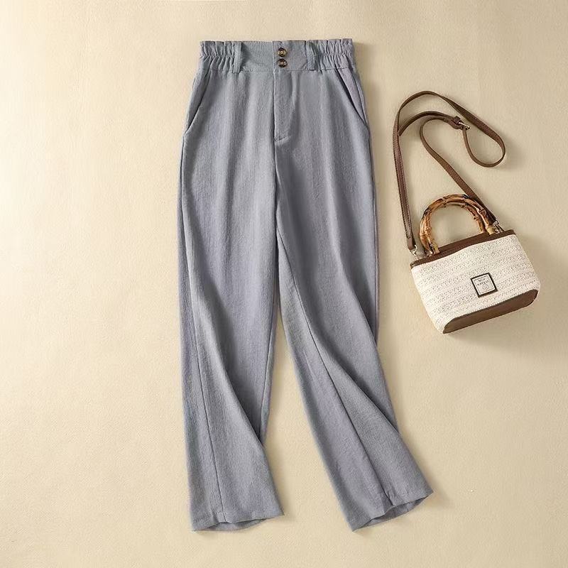 Amara high-waist wide-leg trousers with ruffled waist. Elegant, comfortable & stylish women's spring/summer pants.