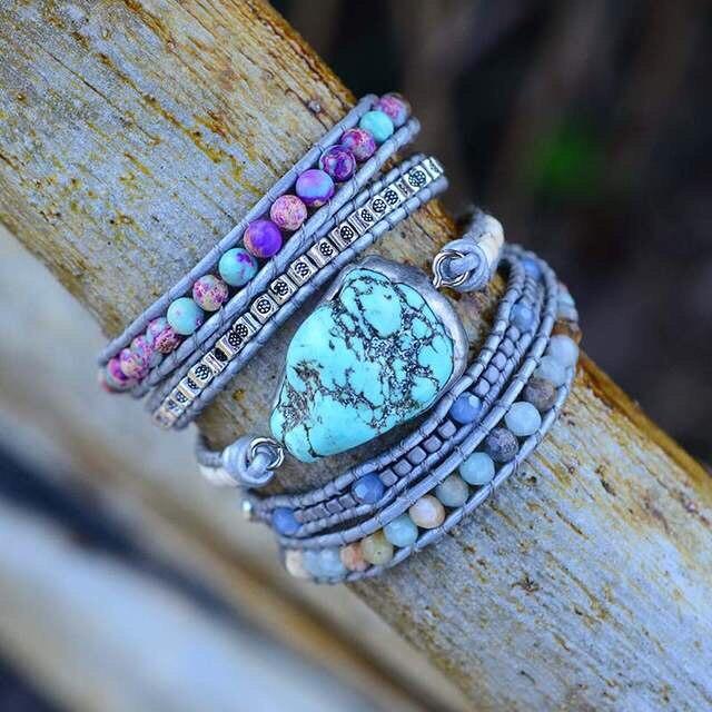 Multi-strand women's wrap bracelet featuring turquoise, amazonite, imperial jasper
