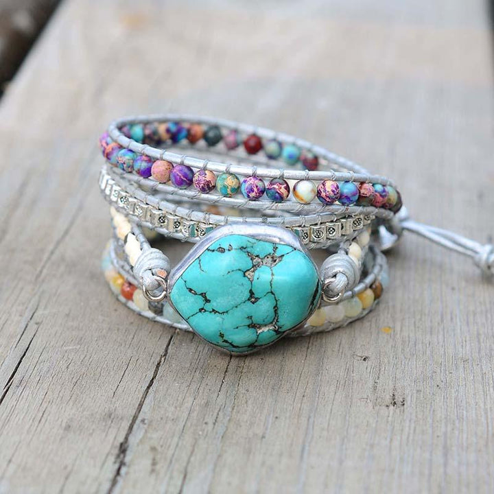 Close-up of Amara healing turquoise wrap bracelet with various gemstone beads