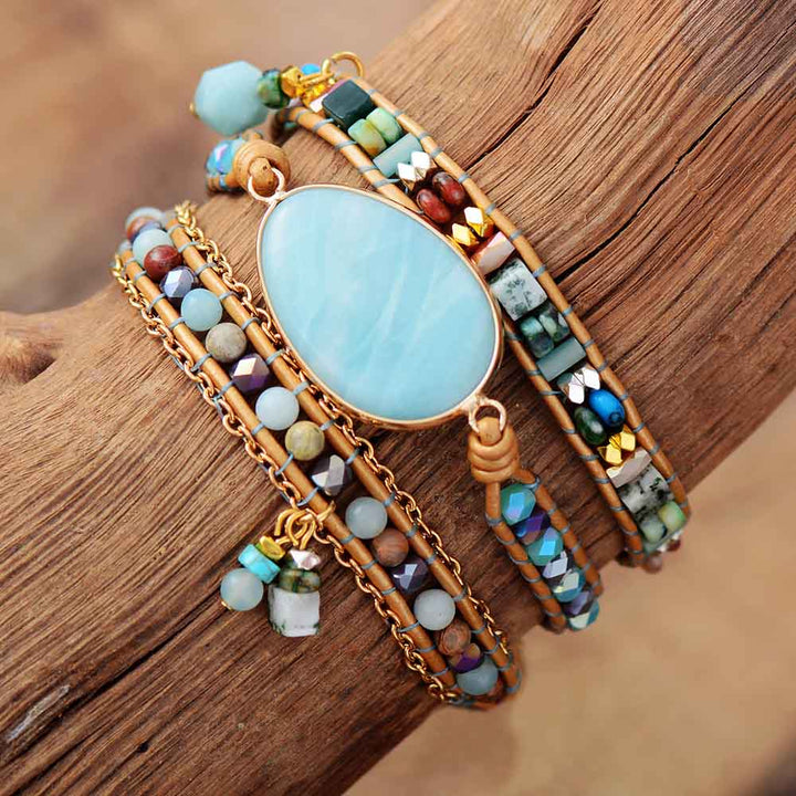 Women's Amazonite Sea Blue Wrap Bracelet, boho style, gemstone healing jewelry