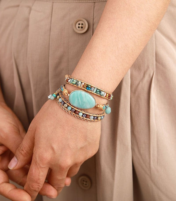 Handmade Amazonite wrap bracelet for women, sea blue, spiritual, calming jewelry