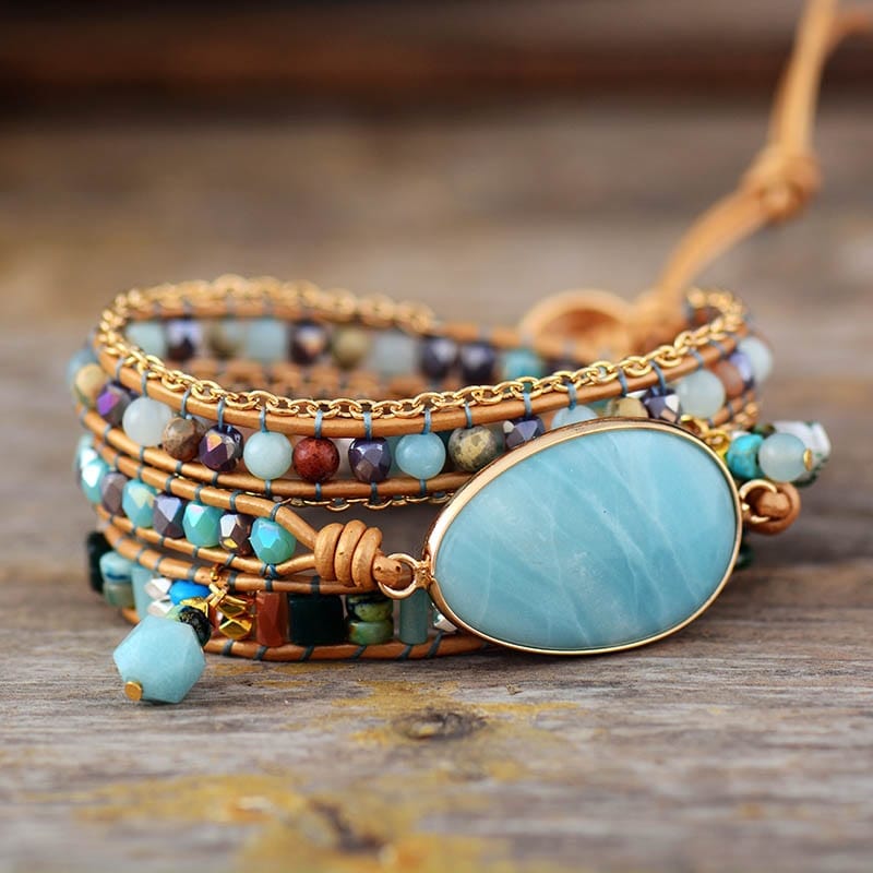 Amazonite Sea Blue gemstone wrap bracelet, meditation and healing, women's fashion