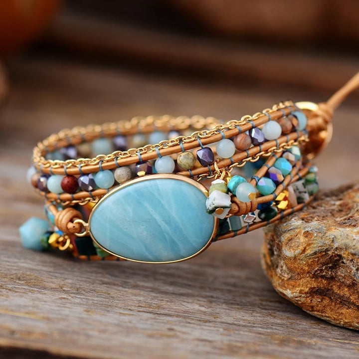 Boho women's Amazonite wrap bracelet, sea blue beads, handmade spiritual jewelry