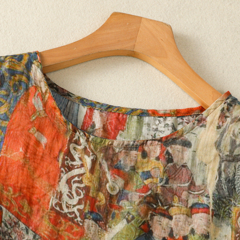 Lightweight women's top with a vibrant amber artistic print. Perfect for unique summer casual style.