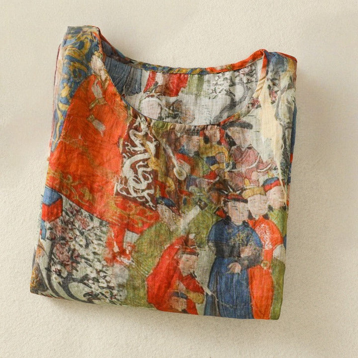 Stylish women's amber artistic print top, a unique lightweight shirt for elegant summer casual outfits.