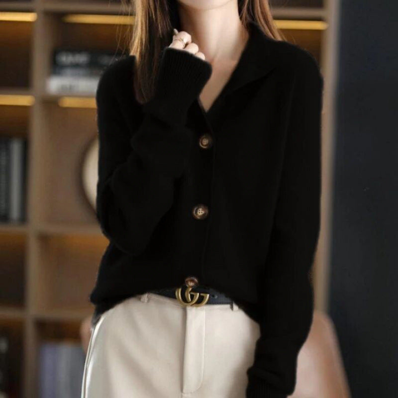 Stylish women's Amelia black button-up sweater, featuring a soft knit for versatile, comfy outfits.