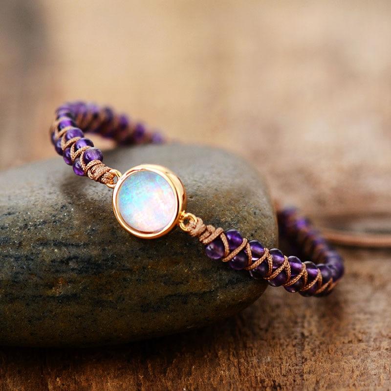 Women's spiritual amethyst bracelet with healing crystals, adjustable and comfortable opal accents.