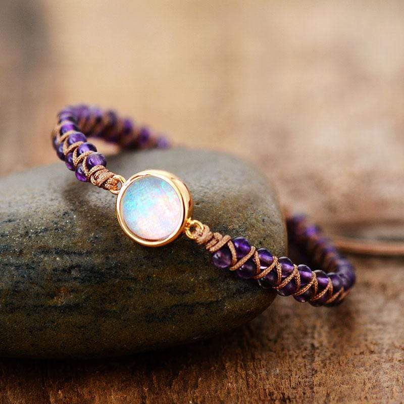 Women's Amethyst & Opal yoga bracelet, handcrafted with healing stones, for spiritual meditation