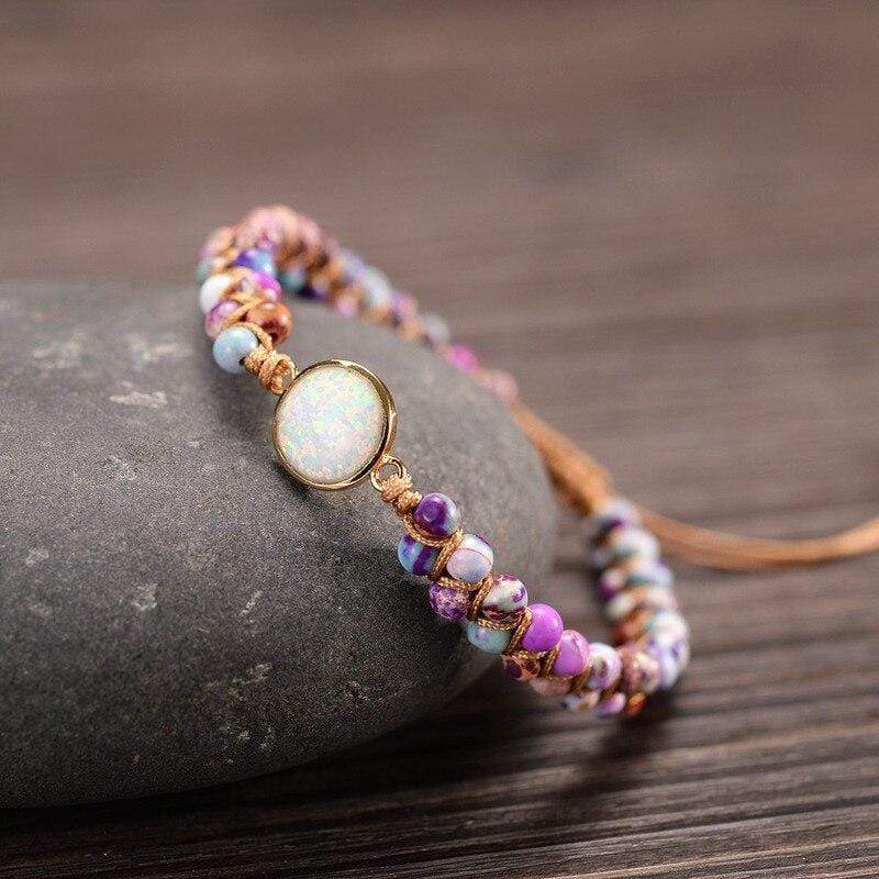 Stylish women's yoga bracelet with amethyst, opal, and bohemian details, a healing stones armband
