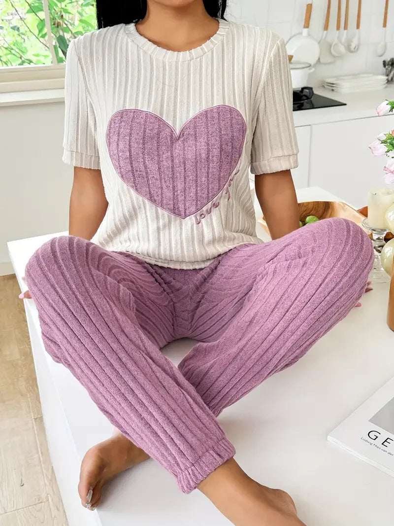 Women's Amore ribbed loungewear set with cozy heart print, perfect for home comfort.
