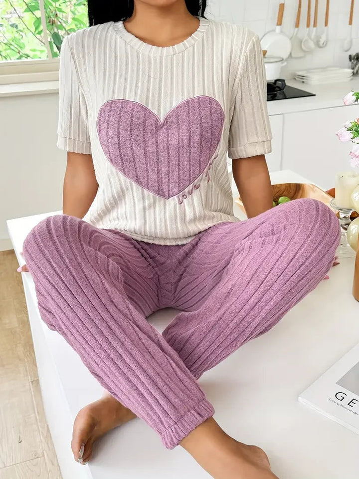 Women's Amore ribbed loungewear set with cozy heart print, perfect for home comfort.