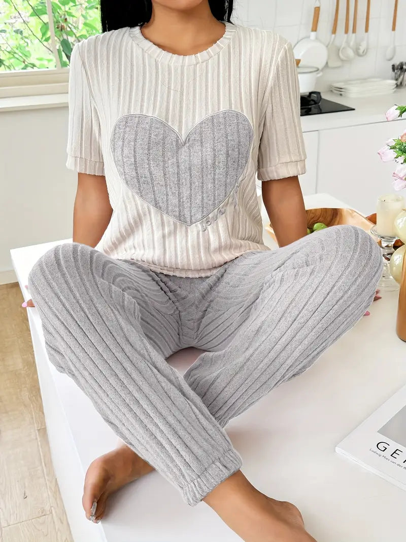 Amore heart print women's home wear set, soft ribbed cotton blend for ultimate comfort.