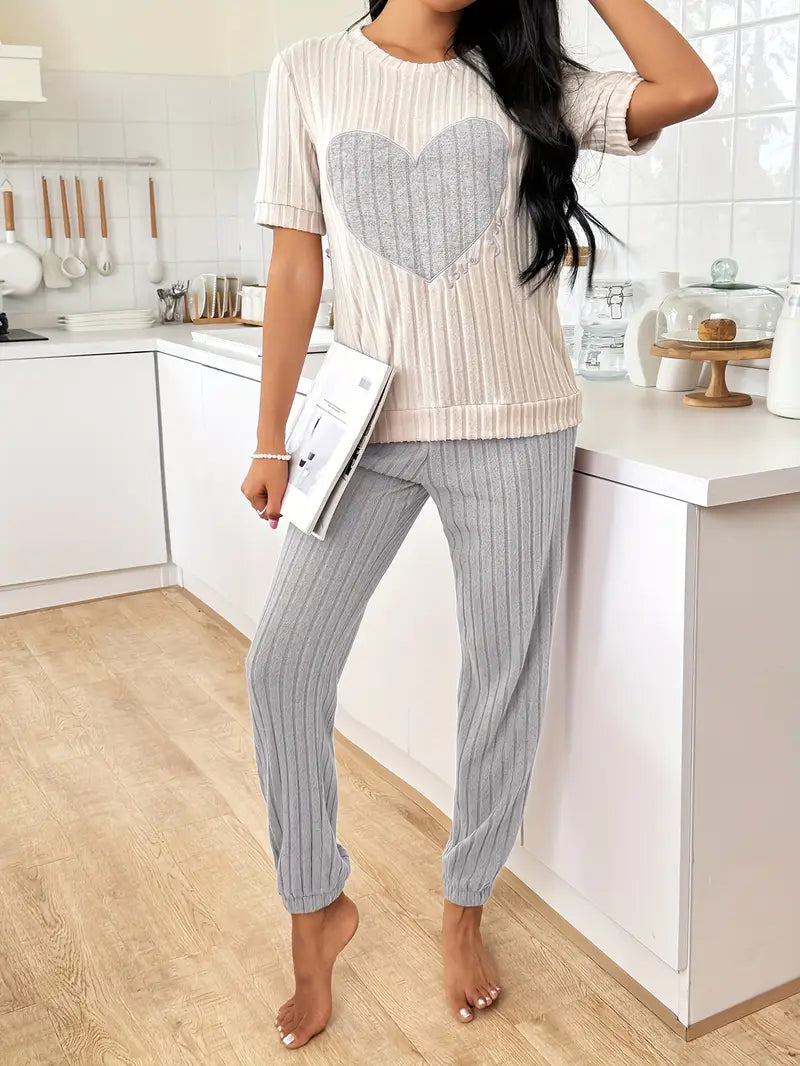 Comfortable women's ribbed loungewear set, cotton blend, with a cute heart print & relaxed fit.